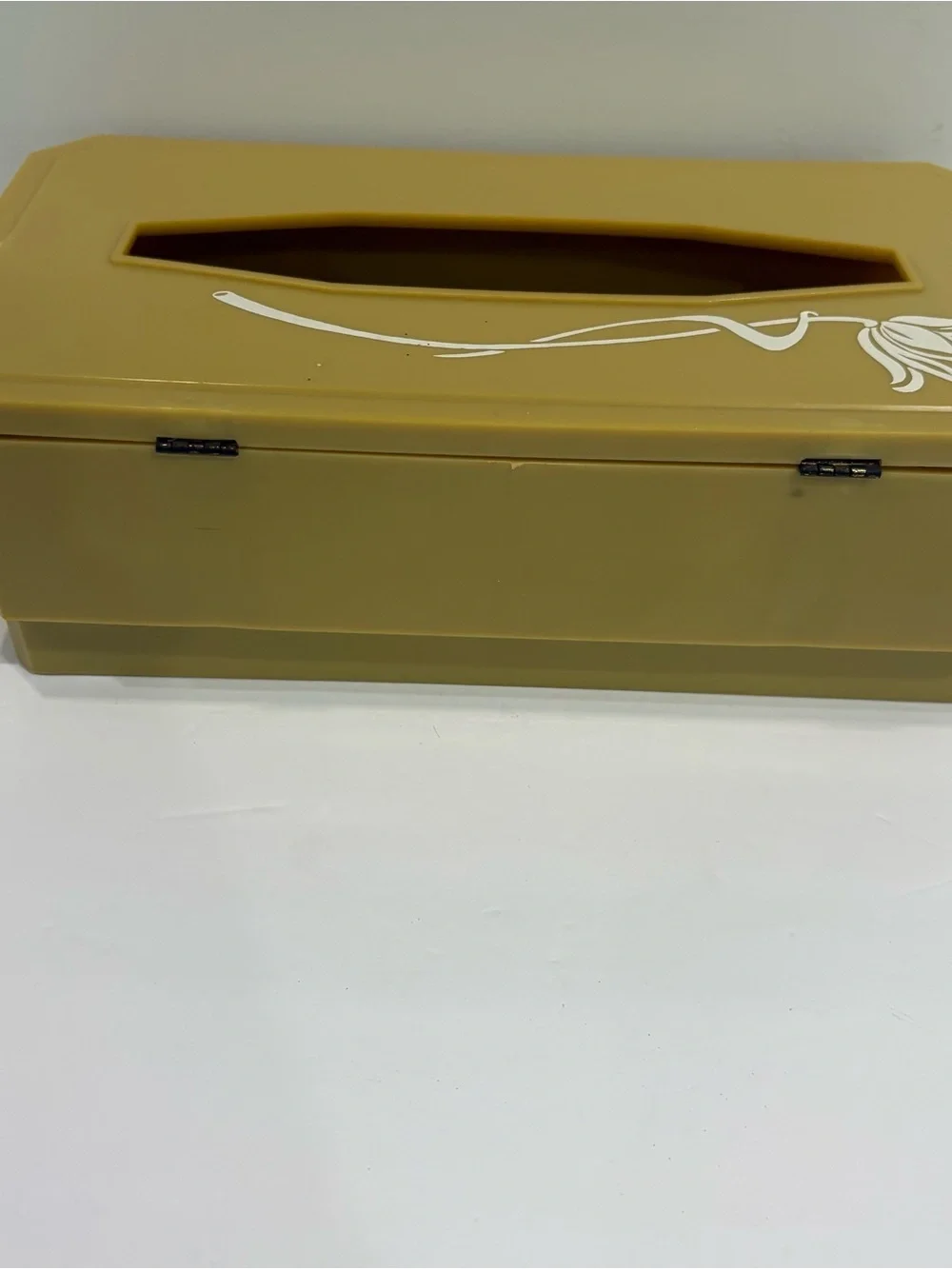 Vintage MCM Yellow Plastic Tissue Box Cover White Flowers With Drawer 70s Retro